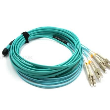 8 Konektor Serat Inti MPO, 50um Om3 MPO Ke LC Patch Cord LSZH Aqua